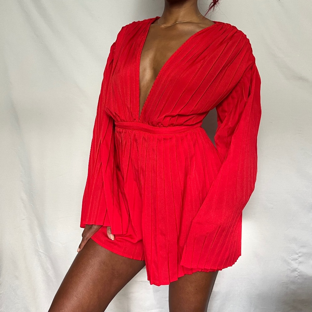 Bold Red Pleated Romper - Deep V-Neck